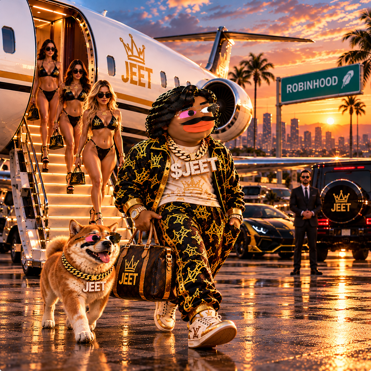 JEET walking with a tiger beside a private jet at sunset