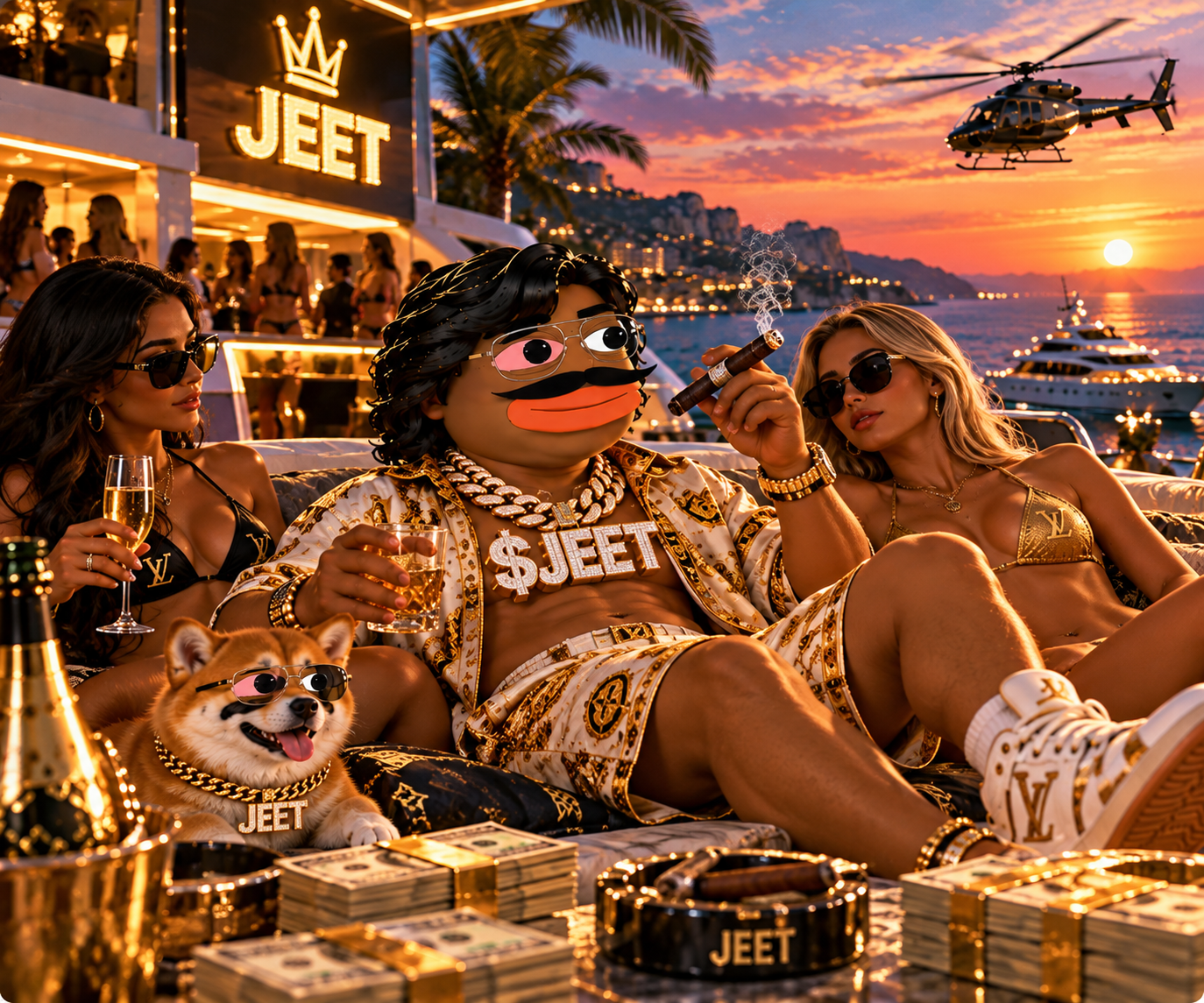 JEET relaxing with a tiger and friends by a luxury mansion at sunset